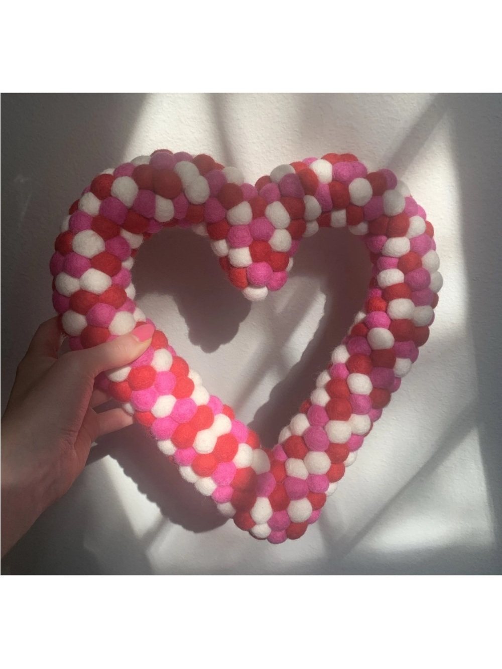 Trader Joe’s Felted Wool Pom Pom Wreath Red Pink Heart Shape Valentine’s Day